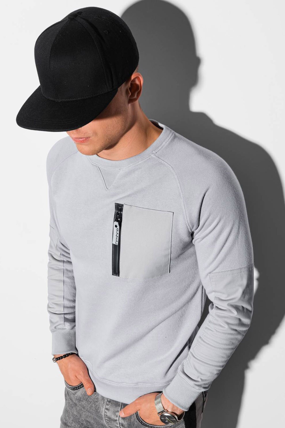 OMBRE, Bluza sport cu decolteu la baza gatului si buzunar pe piept, Gri deschis