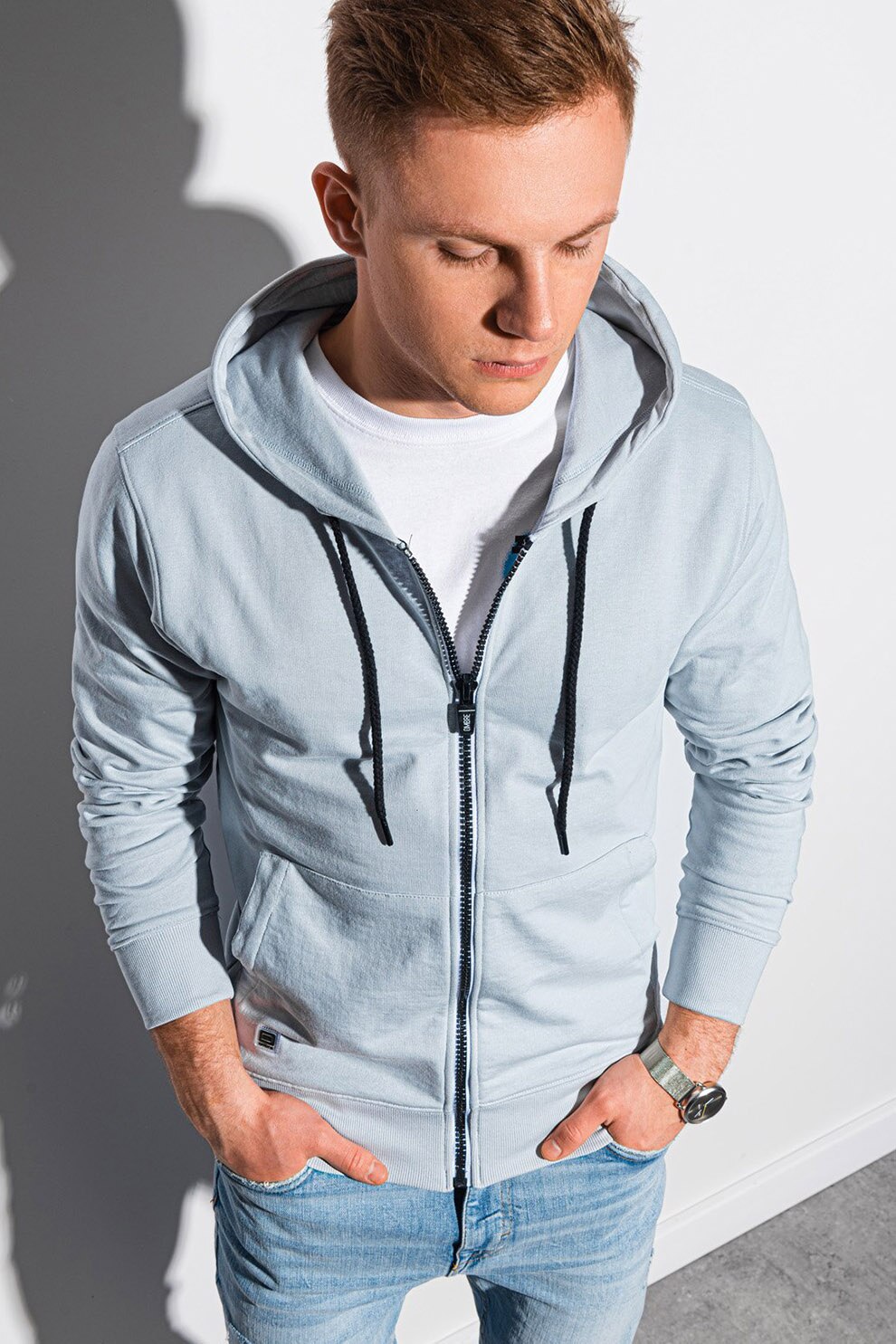 OMBRE, Hanorac cu fermoar si terminatie striata, Albastru azur