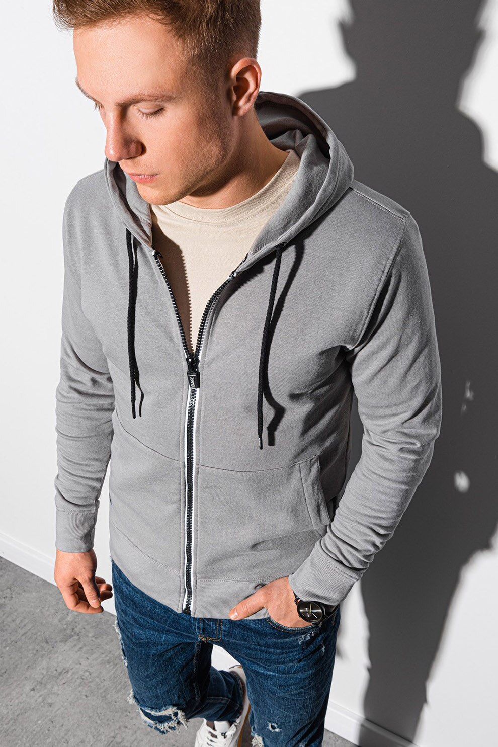 OMBRE, Hanorac cu fermoar si terminatie striata, Gri