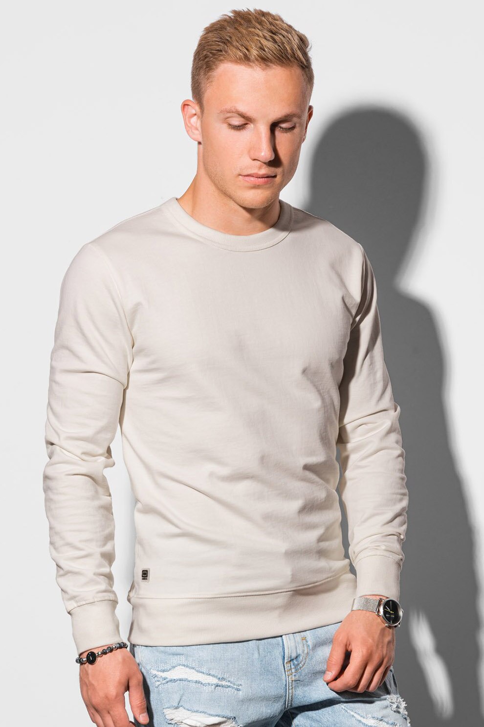 OMBRE, Bluza sport cu decolteu la baza gatului si terminatii striate, Crem