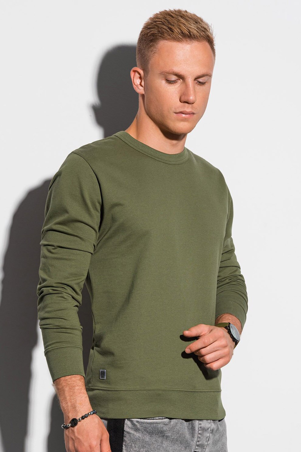 OMBRE, Bluza sport cu decolteu la baza gatului si terminatii striate, Verde oliv