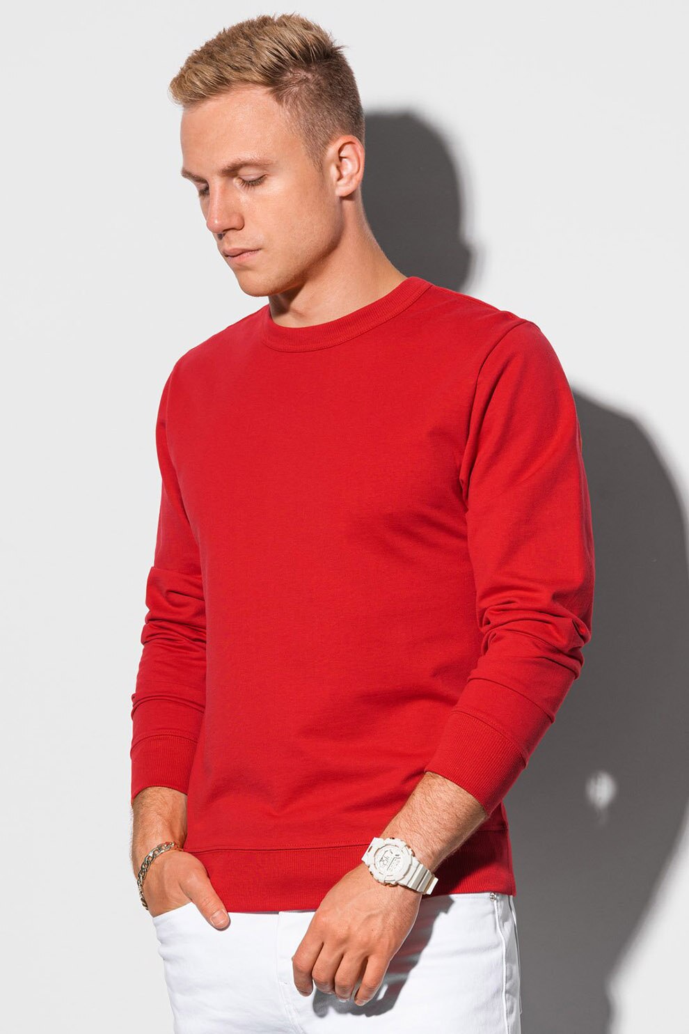 OMBRE, Bluza sport cu decolteu la baza gatului si terminatii striate, Rosu