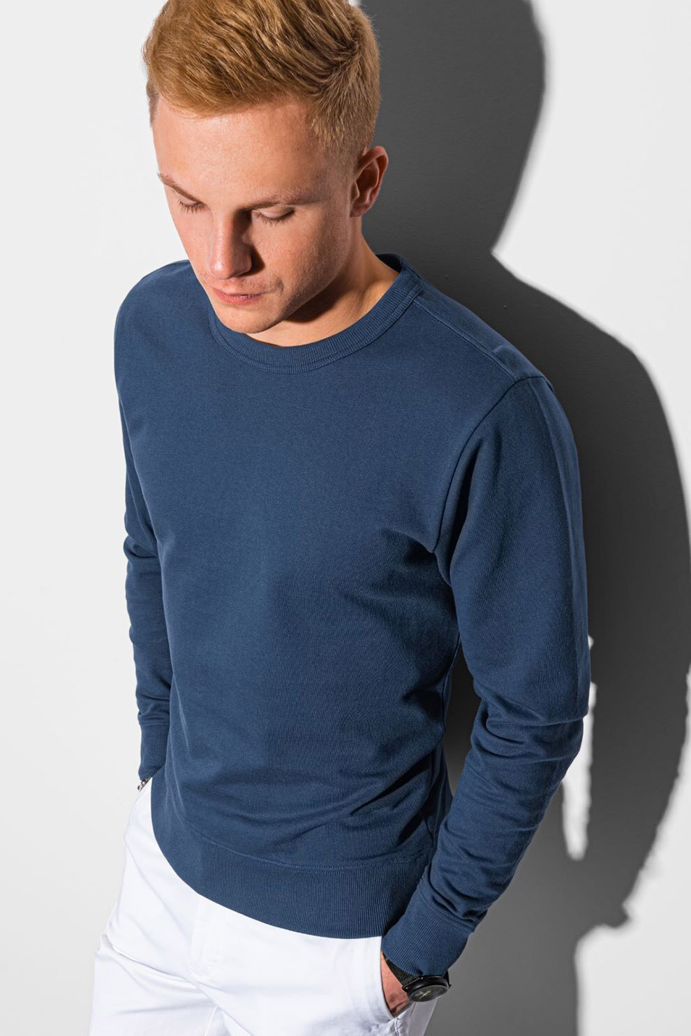 OMBRE, Bluza sport cu decolteu la baza gatului si terminatii striate, Albastru inchis