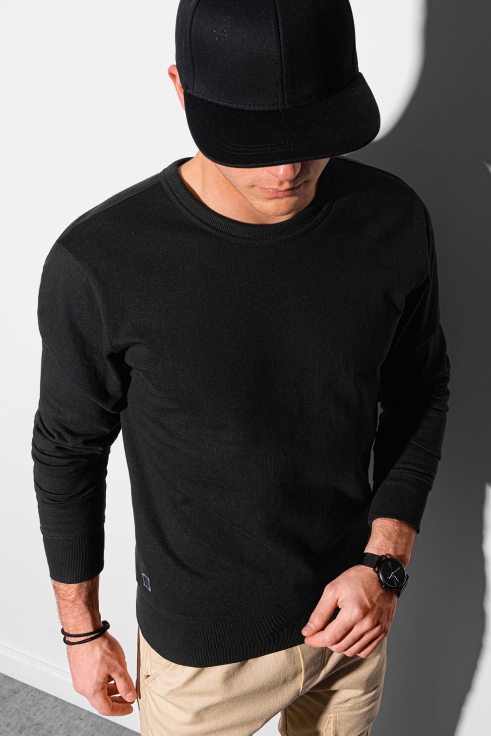 OMBRE, Bluza sport cu decolteu la baza gatului si terminatii striate, Negru