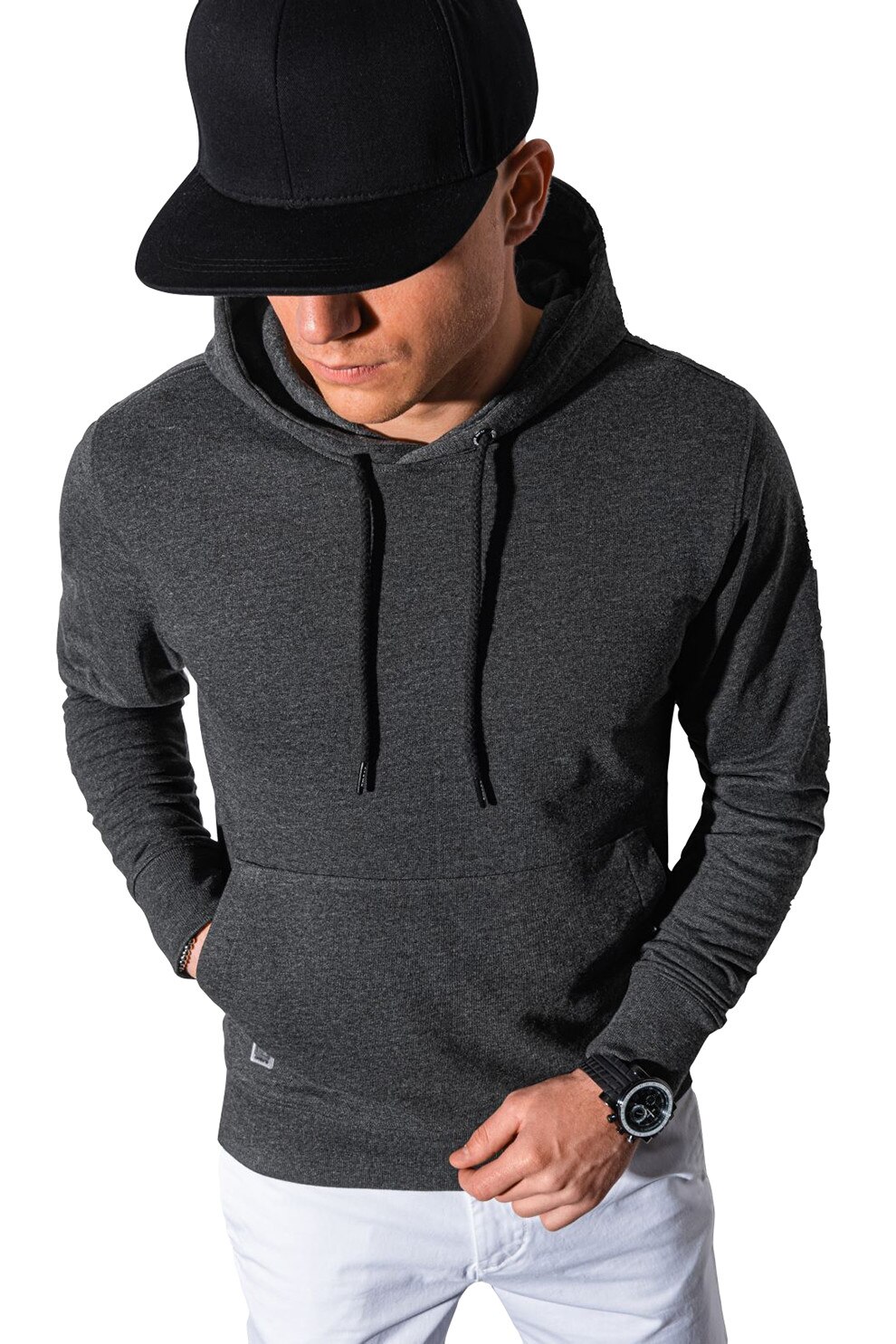 OMBRE, Hanorac din amestec de bumbac, cu buzunar kangaroo, Gri inchis melange