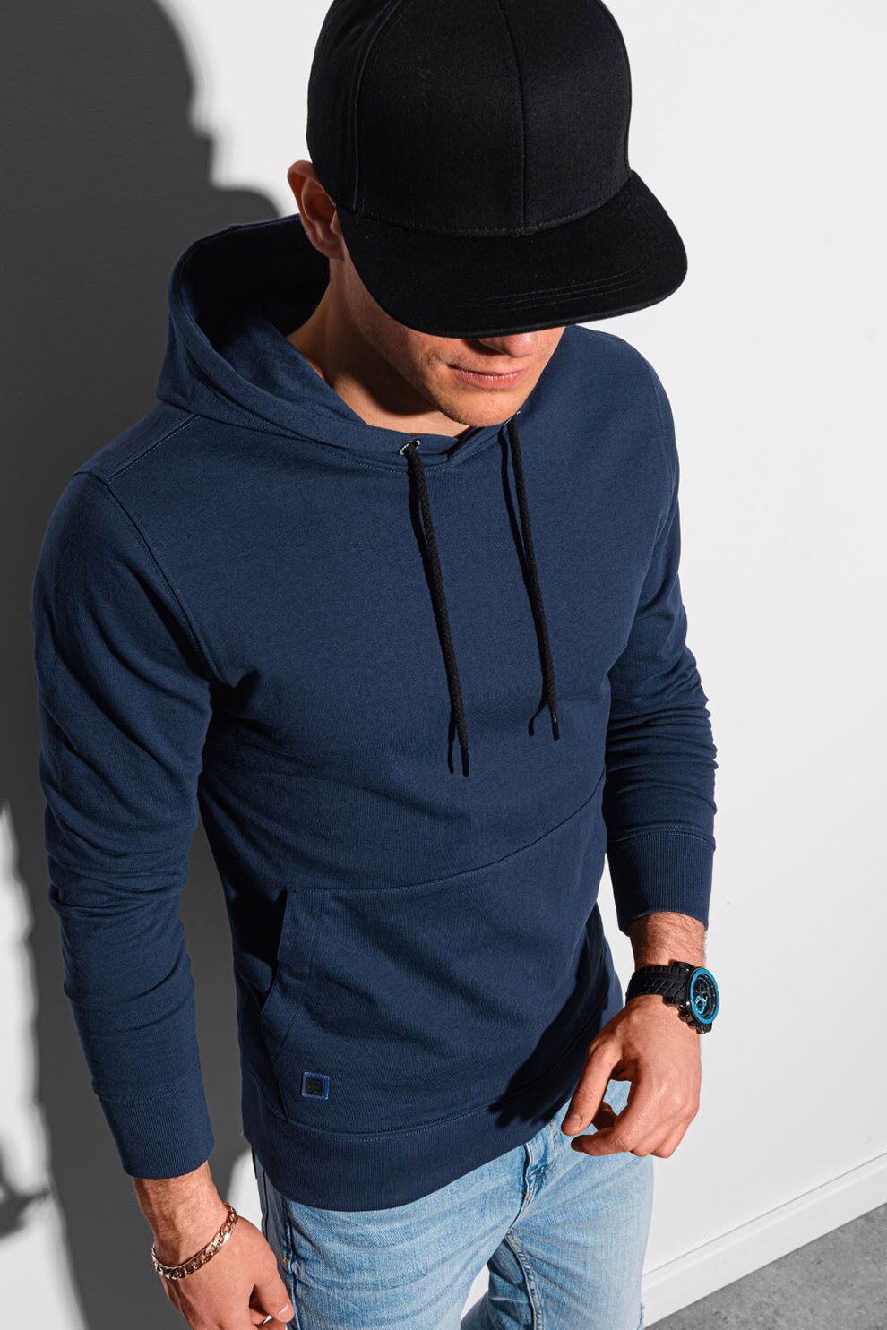 OMBRE, Hanorac din amestec de bumbac, cu buzunar kangaroo, Bleumarin