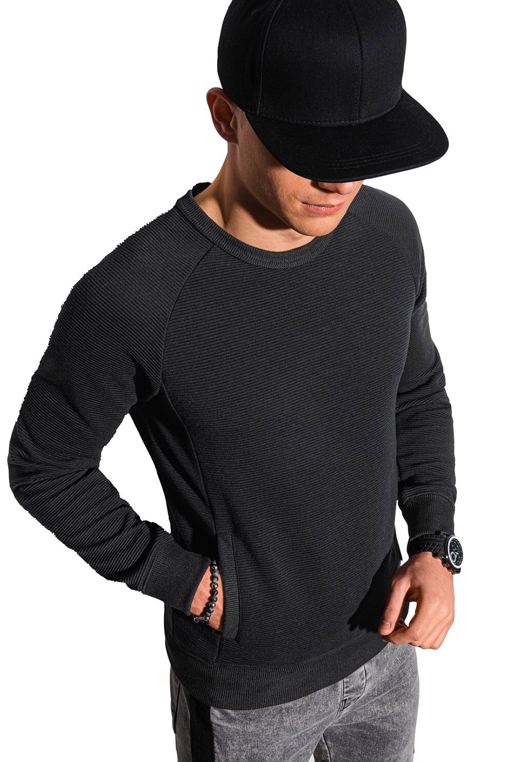 OMBRE, Bluza sport cu decolteu rotund si buzunare frontale, Negru