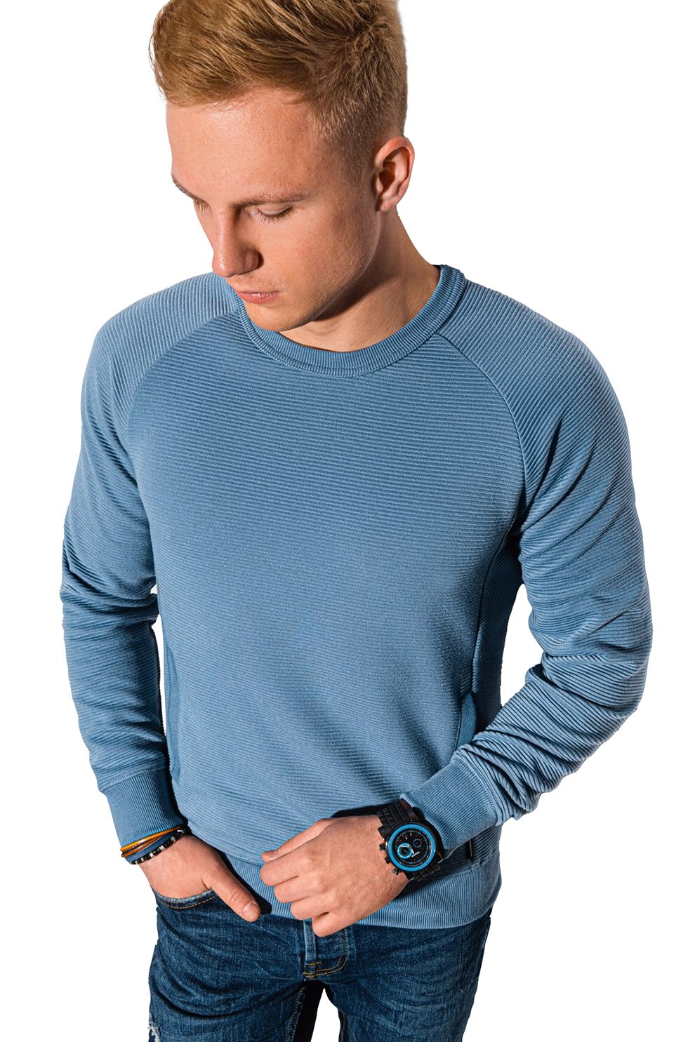 OMBRE, Bluza sport cu decolteu rotund si buzunare frontale, Albastru