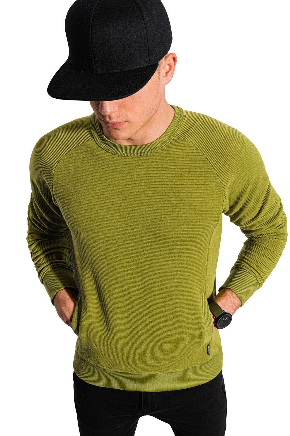 OMBRE, Bluza sport cu decolteu rotund si buzunare frontale, Verde oliv