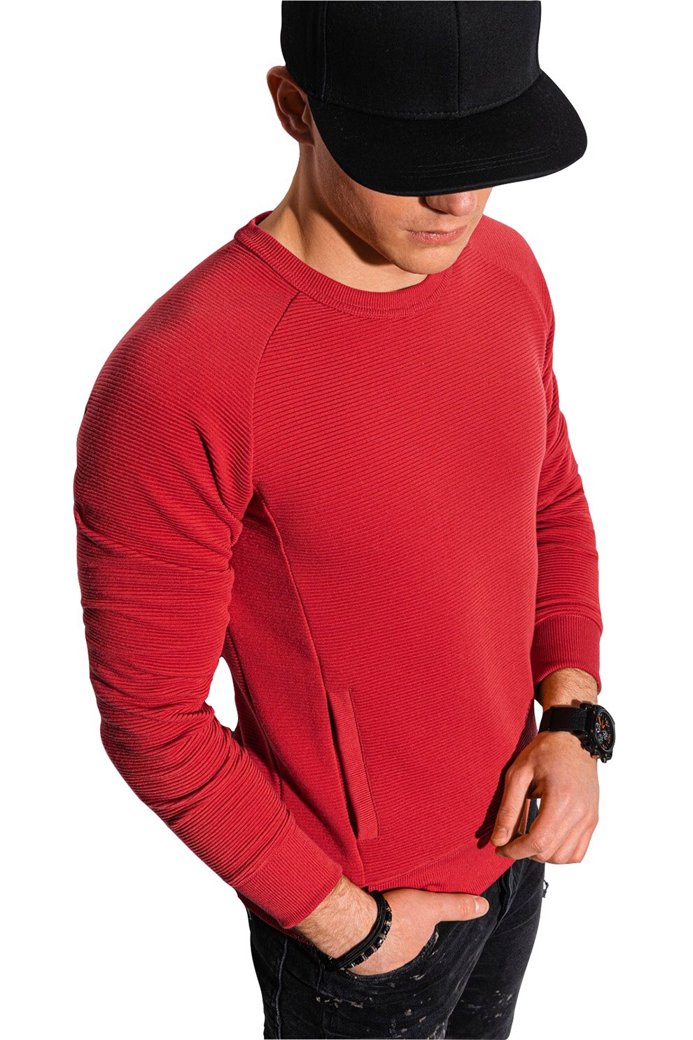 OMBRE, Bluza sport cu decolteu rotund si buzunare frontale, Rosu