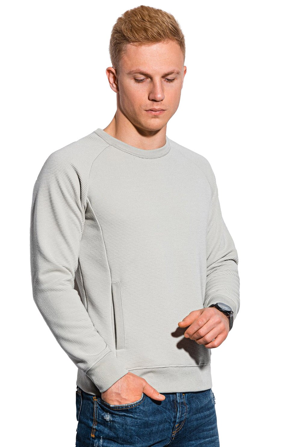 OMBRE, Bluza sport cu decolteu rotund si buzunare frontale, Gri deschis, 2XL