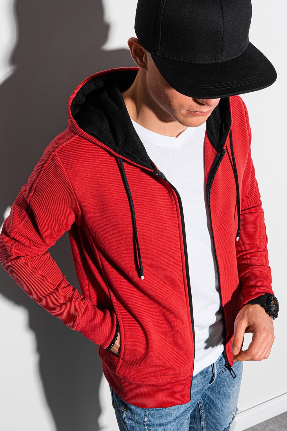 OMBRE, Hanorac din amestec de bumbac cu striatii, Rosu