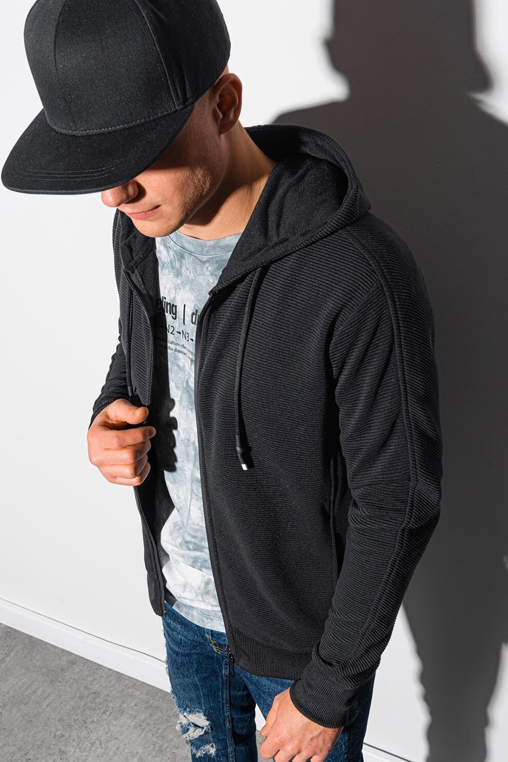 OMBRE, Hanorac din amestec de bumbac cu striatii, Negru