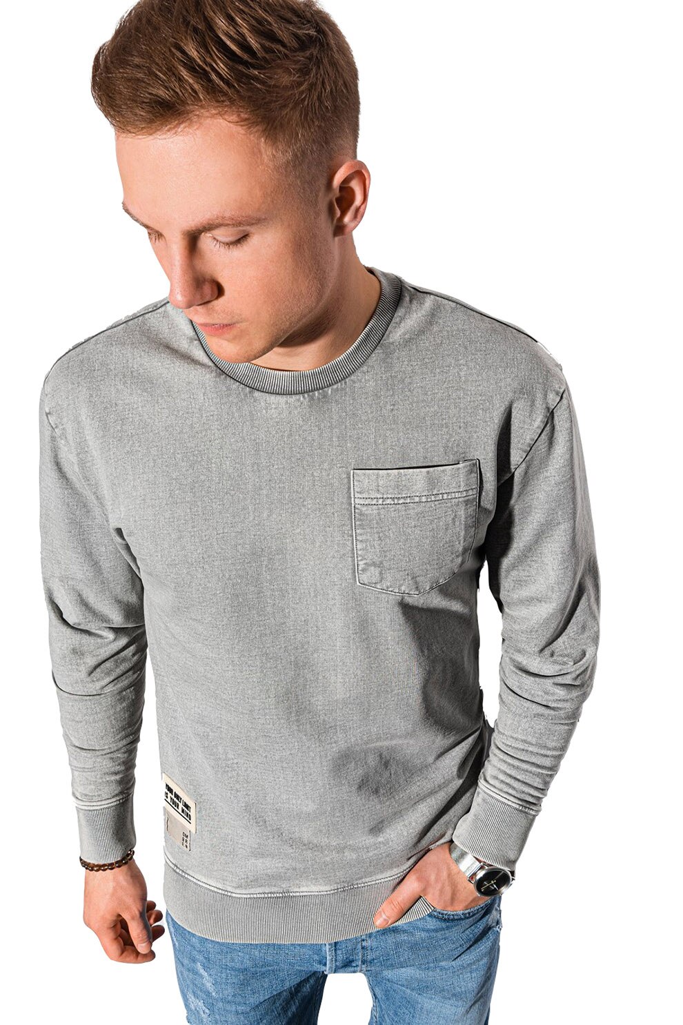 OMBRE, Bluza sport de bumbac cu buzunar pe piept, Gri melange