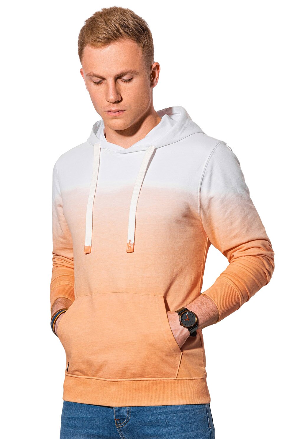 OMBRE, Hanorac de bumbac cu buzunar kangaroo, Oranj/Alb prafuit, 2XL