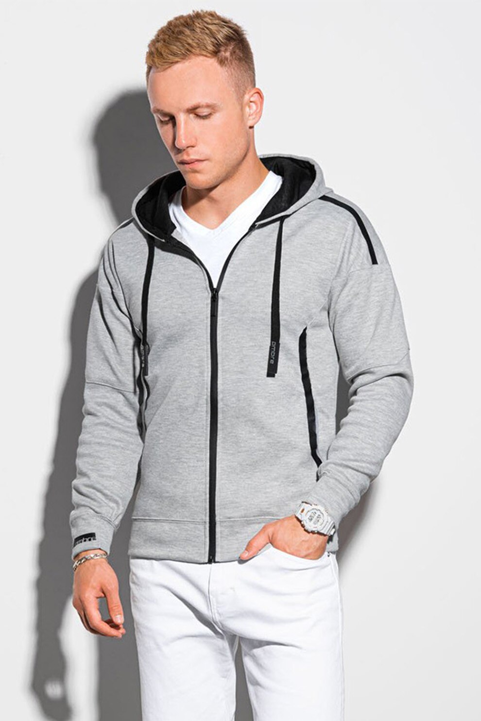 OMBRE, Hanorac cu imprimeu logo pe partea din spate, Gri melange