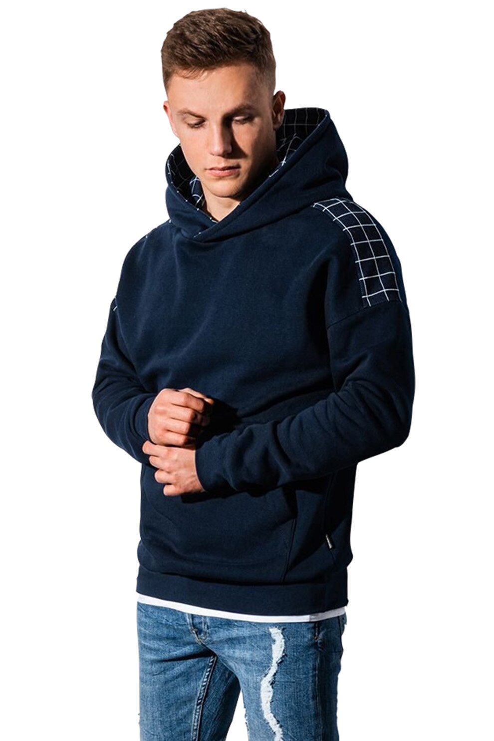 OMBRE, Hanorac cu insertii cu model in carouri, Bleumarin