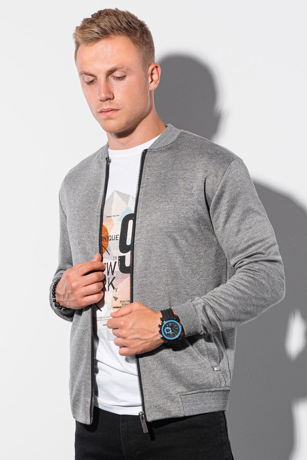 OMBRE, Bluza cu fermoar si aspect texturat, Gri