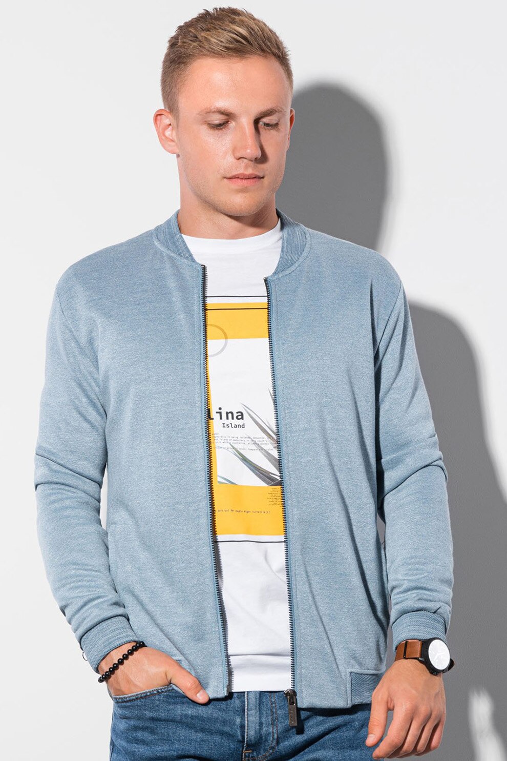 OMBRE, Bluza cu fermoar si aspect texturat, Albastru azur