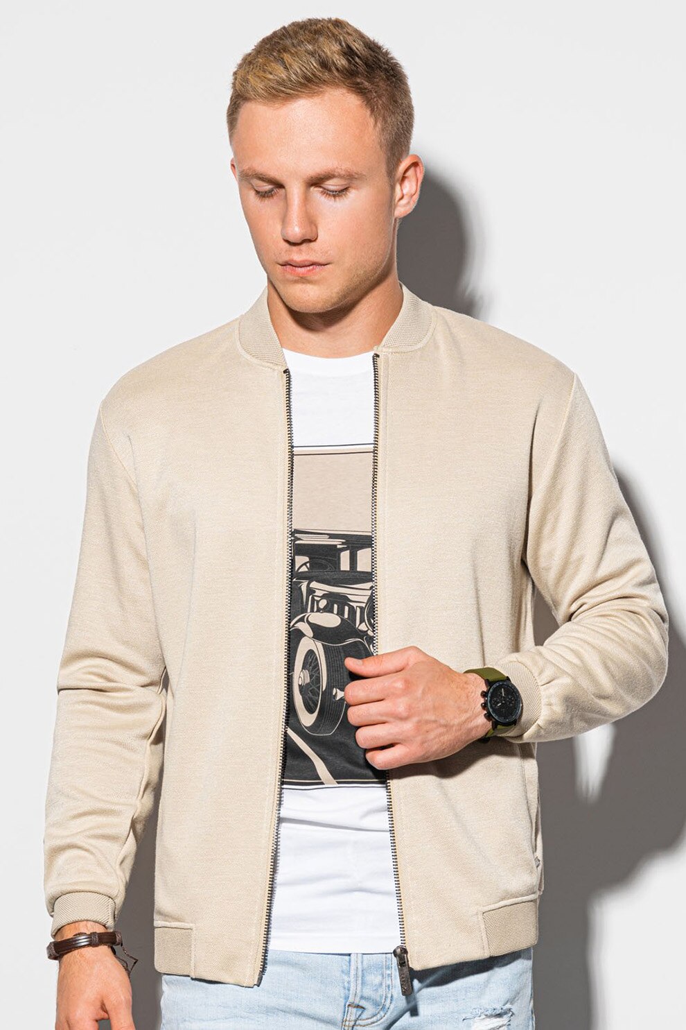 OMBRE, Bluza cu fermoar si aspect texturat, Bej