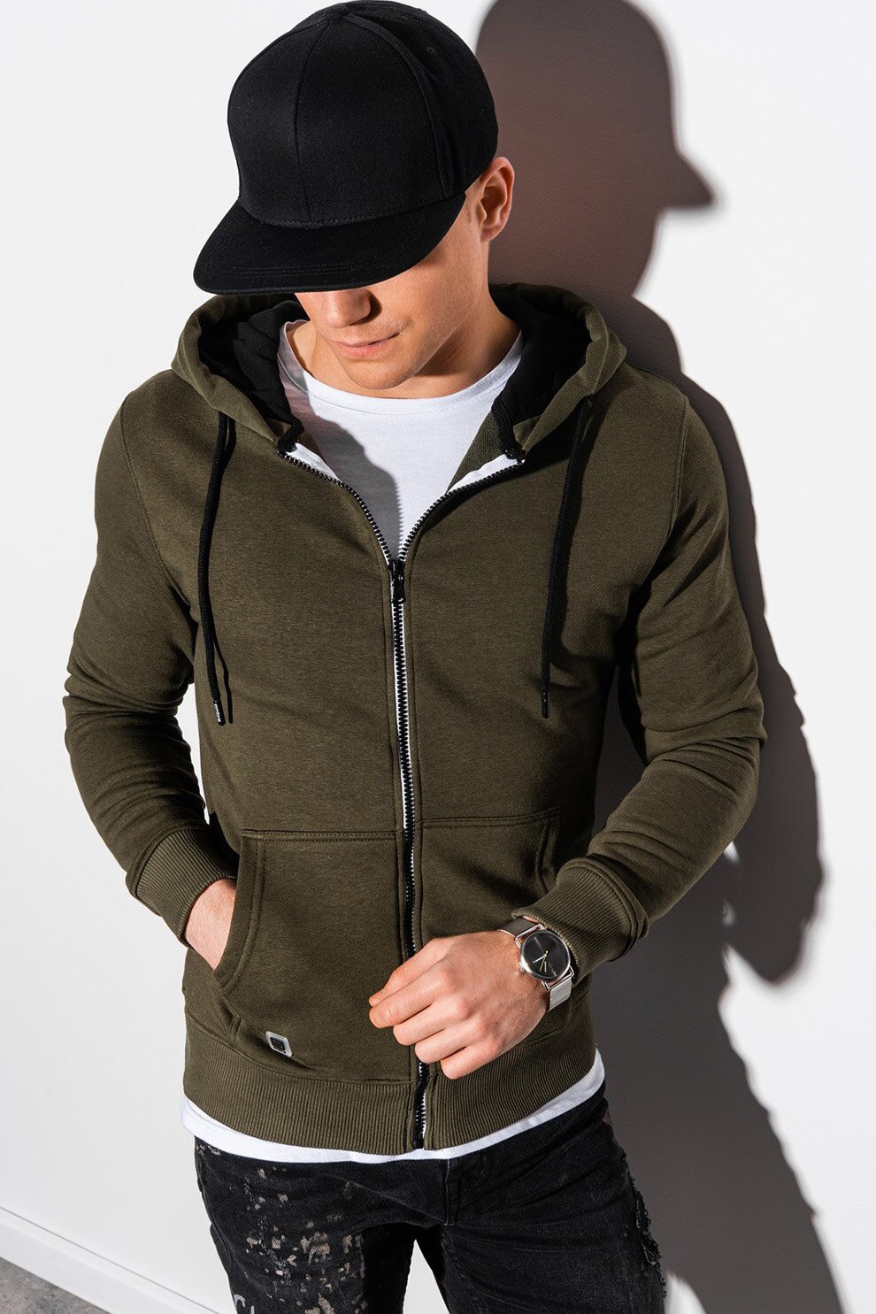 OMBRE, Hanorac cu fermoar si buzunare frontale, Verde militar