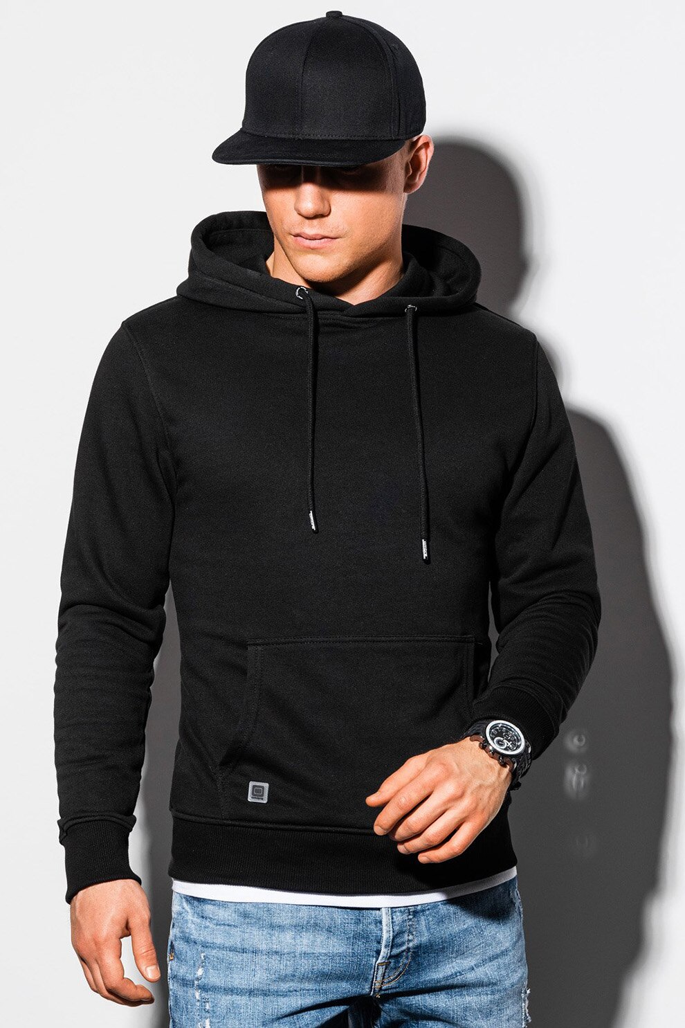 OMBRE, Hanorac slim fit cu buzunar kangaroo, Negru