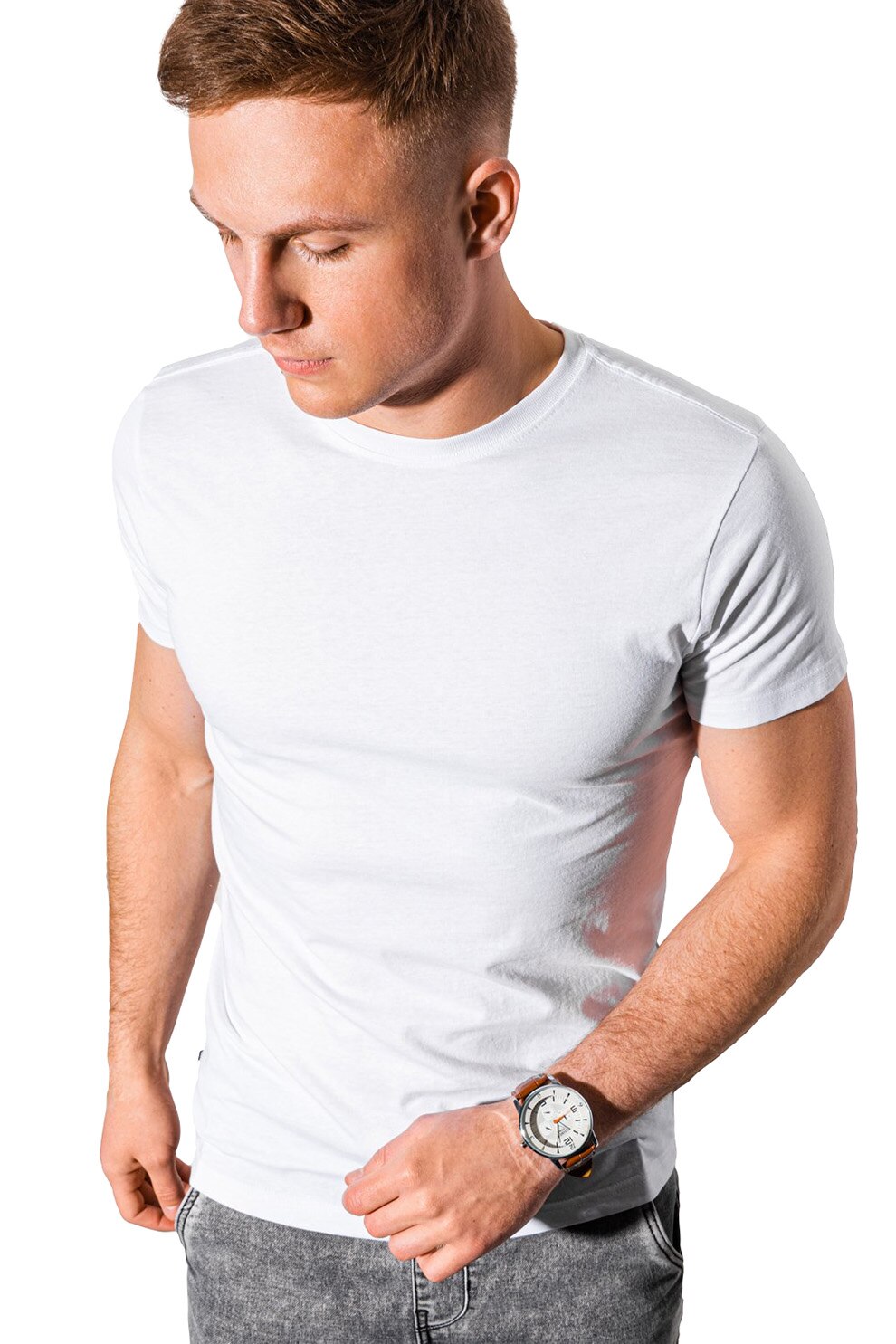 OMBRE, Tricou de bumbac cu model uni, Alb