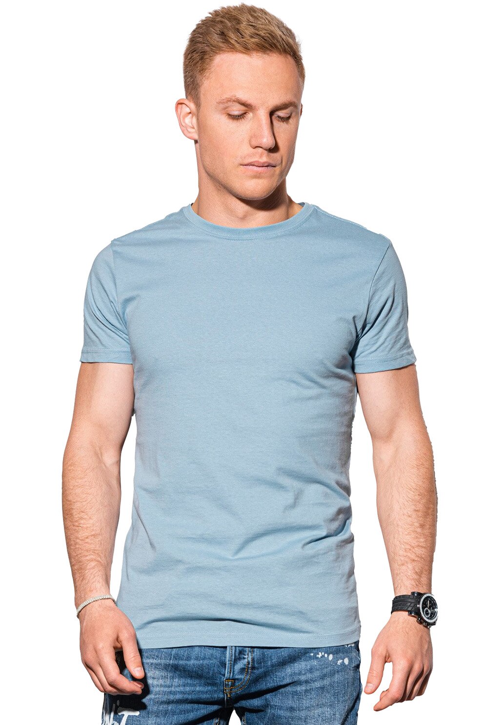 OMBRE, Tricou de bumbac cu model uni, Albastru deschis