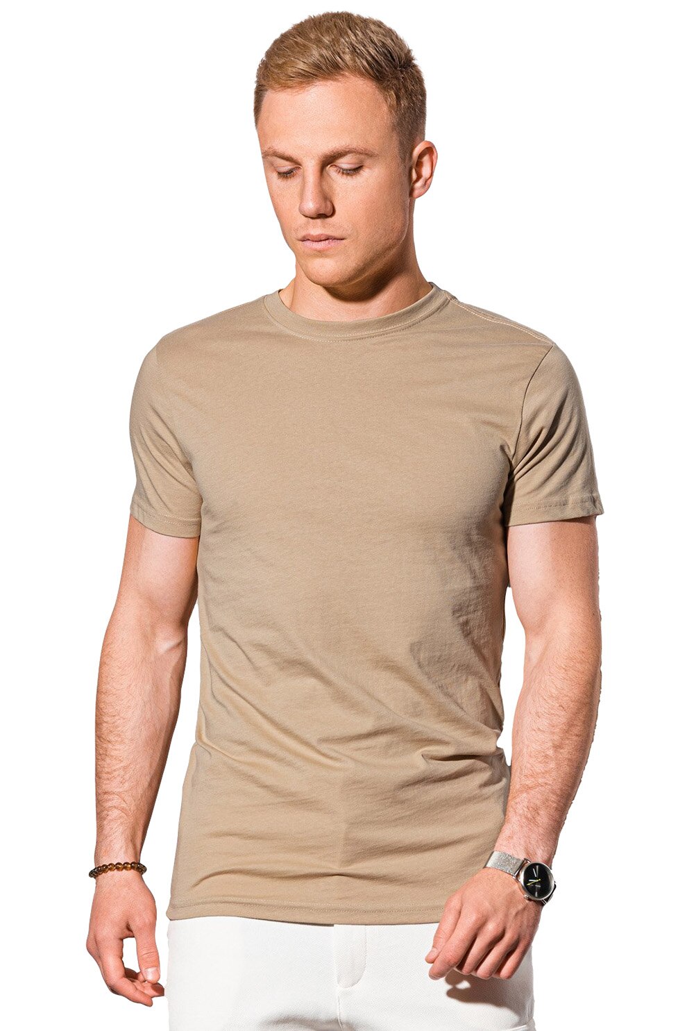 OMBRE, Tricou de bumbac cu model uni, Bej inchis