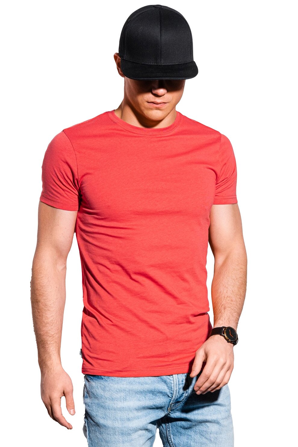 OMBRE, Tricou de bumbac cu model uni, Corai