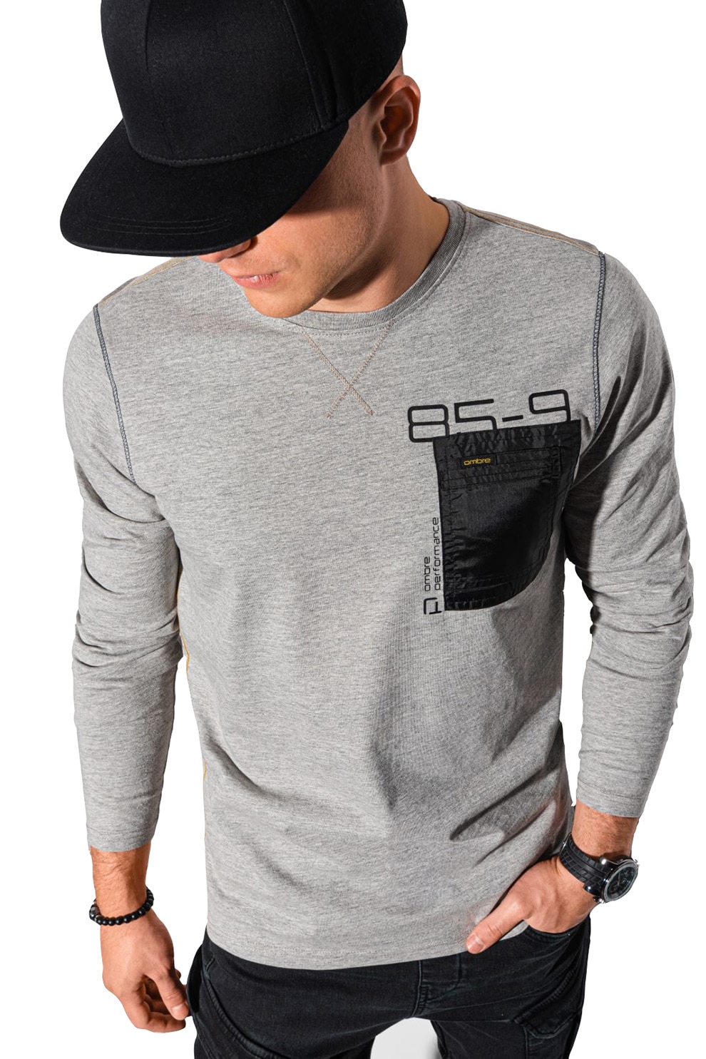 OMBRE, Bluza cu buzunar pe piept, Gri melange