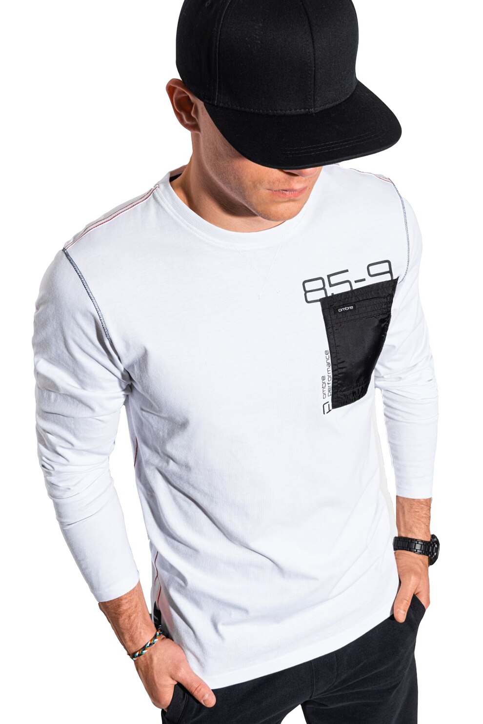 OMBRE, Bluza cu buzunar pe piept, Alb optic/Negru