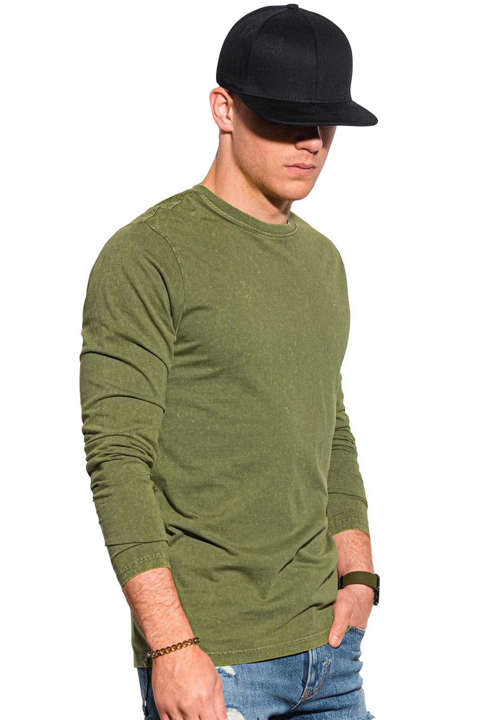 OMBRE, Bluza din bumbac cu decolteu la baza gatului, Verde feriga