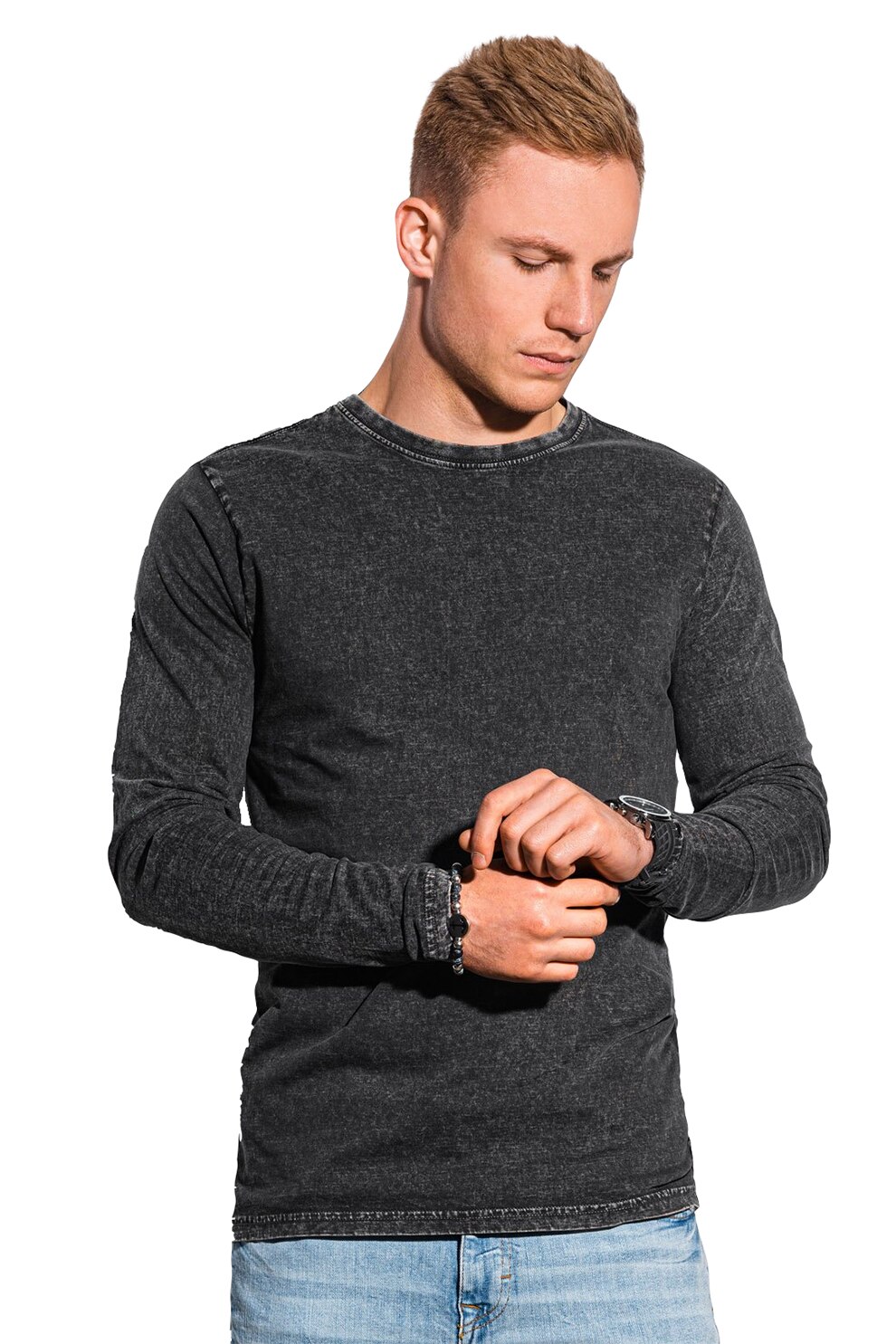 OMBRE, Bluza din bumbac cu decolteu la baza gatului, Negru stins