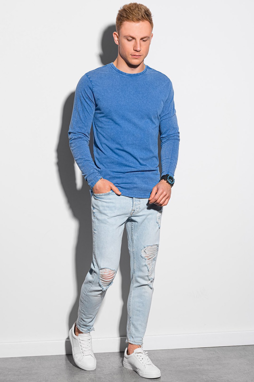 OMBRE, Bluza din bumbac cu decolteu la baza gatului, Albastru royal