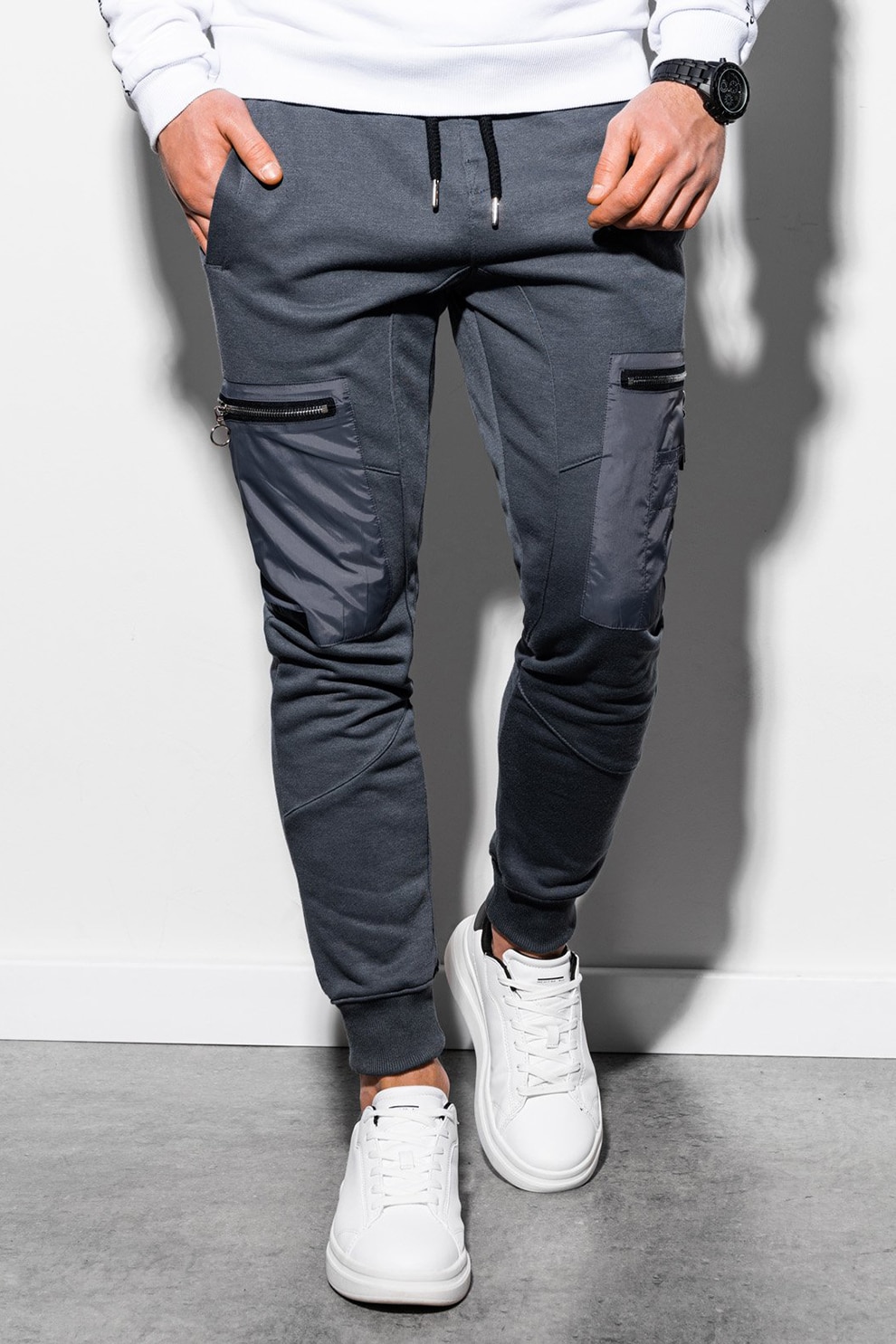 OMBRE, Pantaloni sport cargo cu detalii contrastante, Gri carbune