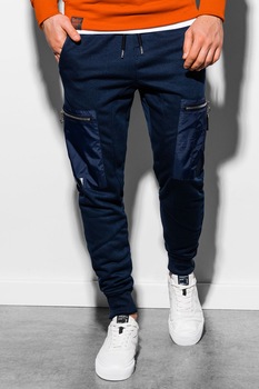 OMBRE, Pantaloni sport cargo cu detalii contrastante, Bleumarin inchis