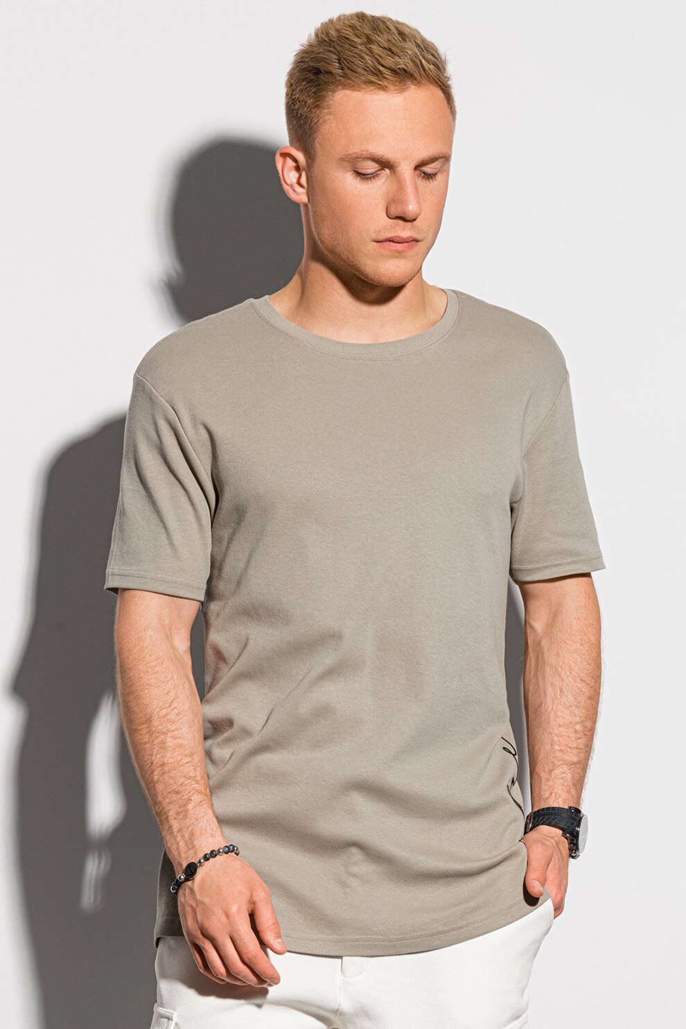 OMBRE, Tricou din bumbac cu decolteu la baza gatului, Maro taupe deschis