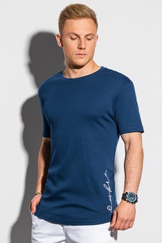 OMBRE, Tricou din bumbac cu decolteu la baza gatului, Bleumarin OMBRE, Tricou din bumbac cu decolteu la baza gatului, Bleumarin