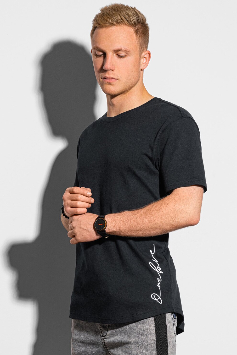 OMBRE, Tricou din bumbac cu decolteu la baza gatului, Negru