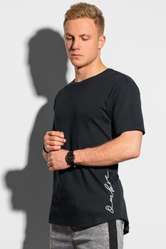 OMBRE, Tricou din bumbac cu decolteu la baza gatului, Negru OMBRE, Tricou din bumbac cu decolteu la baza gatului, Negru