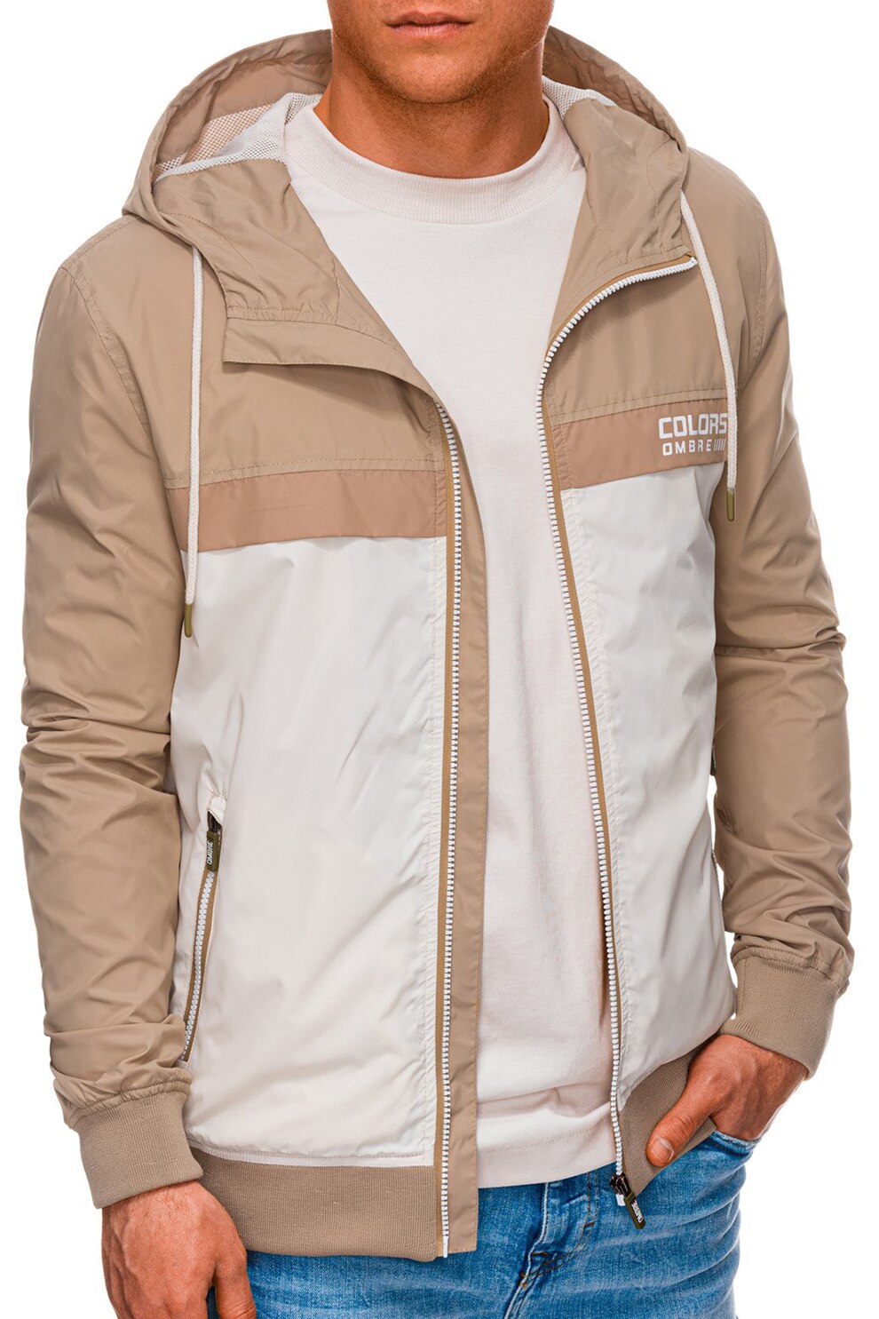 OMBRE, Jacheta cu gluga si imprimeu logo discret, Maro deschis/Alb