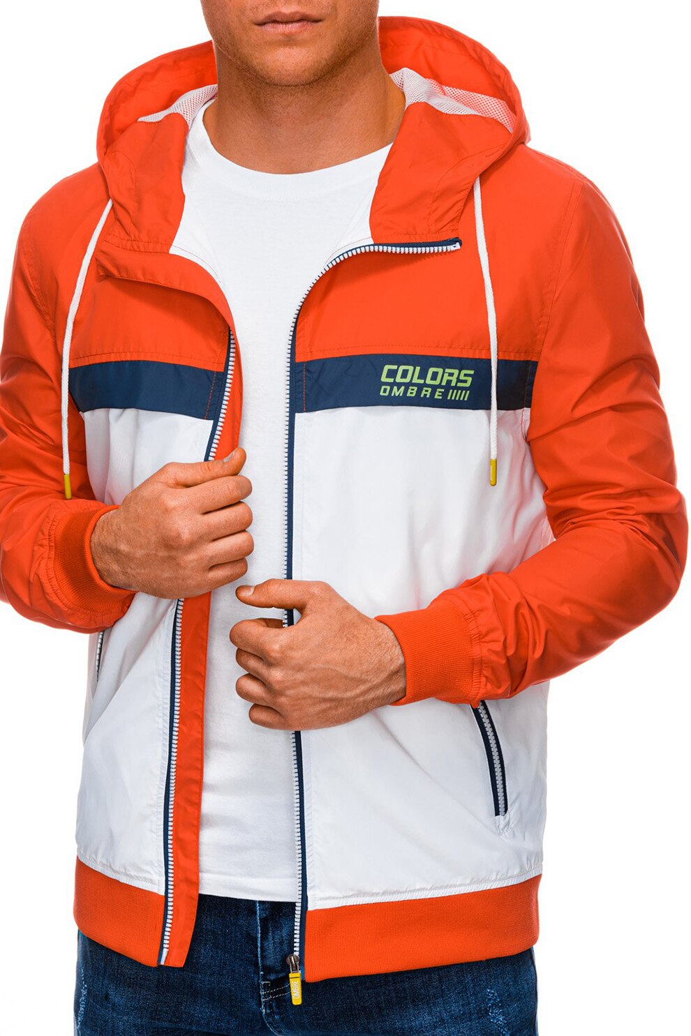 OMBRE, Jacheta cu gluga si imprimeu logo discret, Oranj mandarina/Alb/Bleumarin