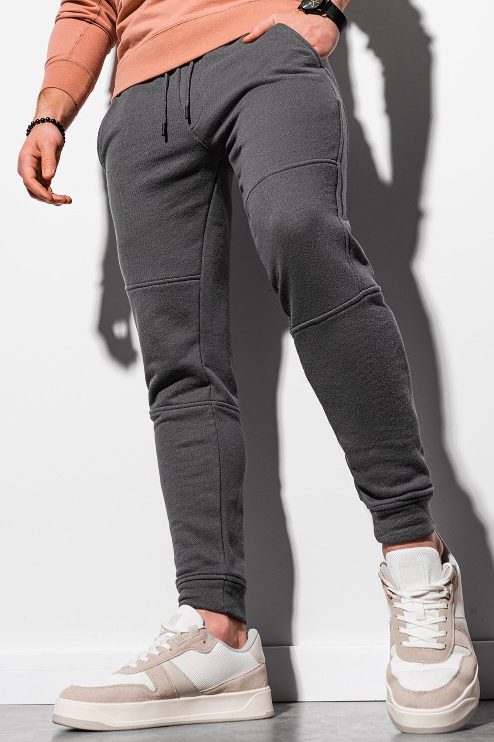 OMBRE, Pantaloni sport slim fit cu snur, Gri inchis