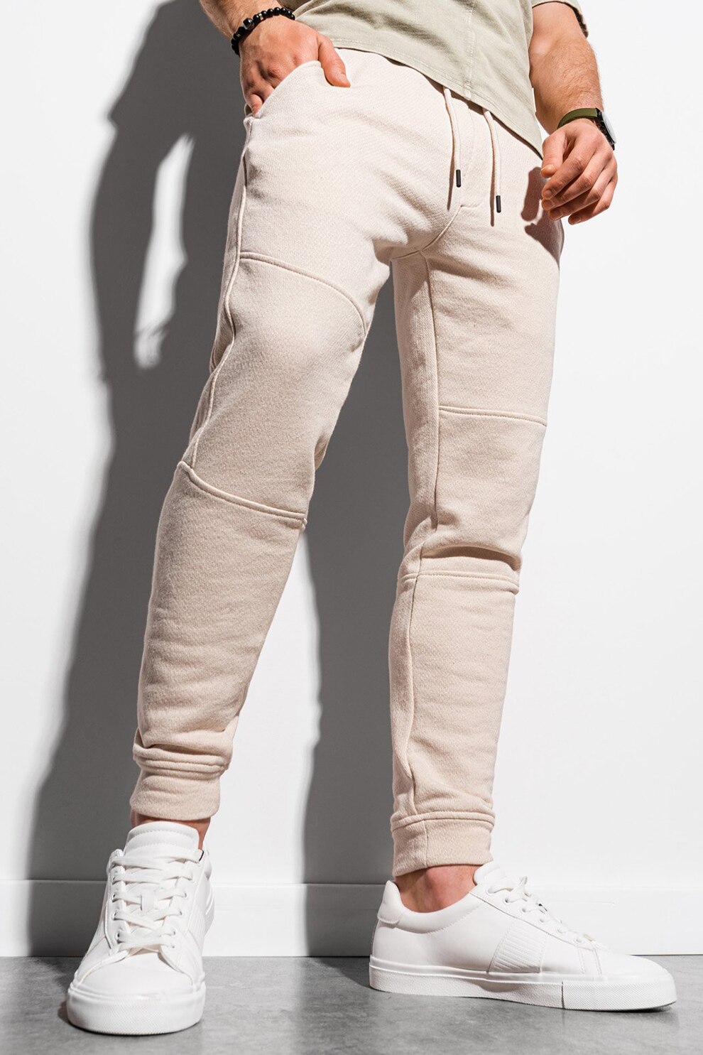 OMBRE, Pantaloni sport slim fit cu snur, Alb fildes