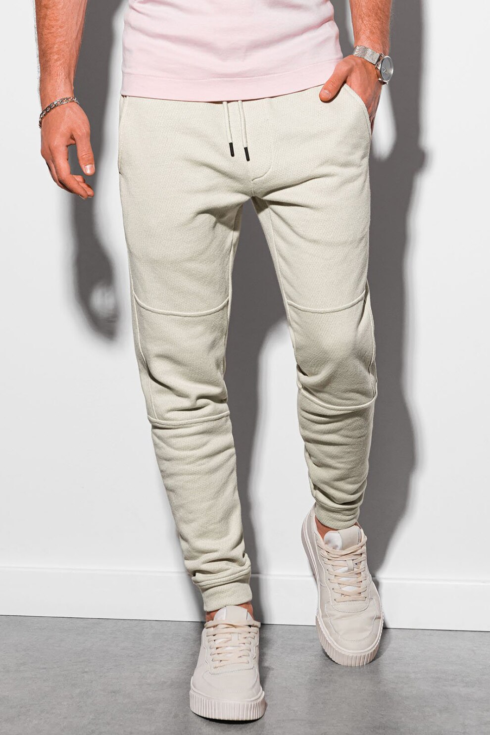 OMBRE, Pantaloni sport slim fit cu snur, Alb prafuit