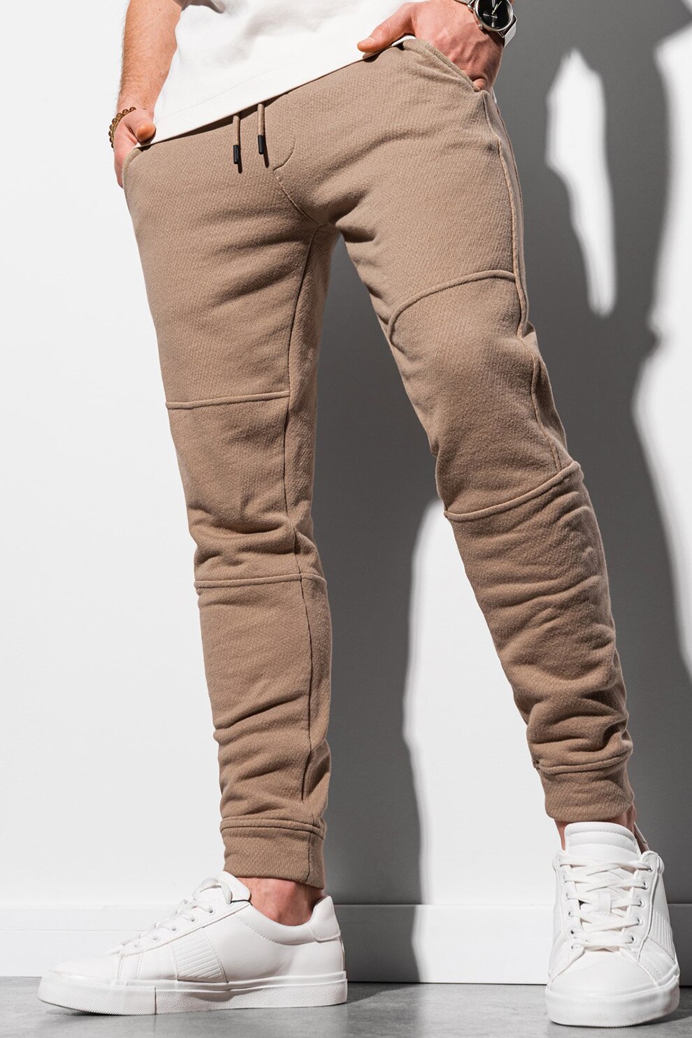 OMBRE, Pantaloni sport slim fit cu snur, Cafeniu