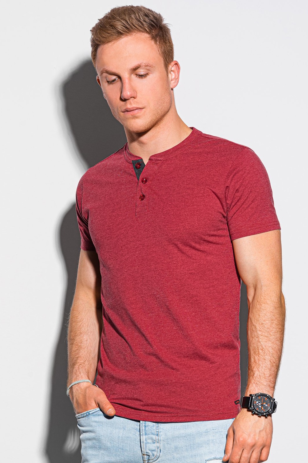 OMBRE, Tricou cu fenta cu nasturi, Rosu