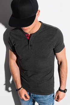 OMBRE, Tricou cu fenta cu nasturi, Negru stins OMBRE, Tricou cu fenta cu nasturi, Negru stins