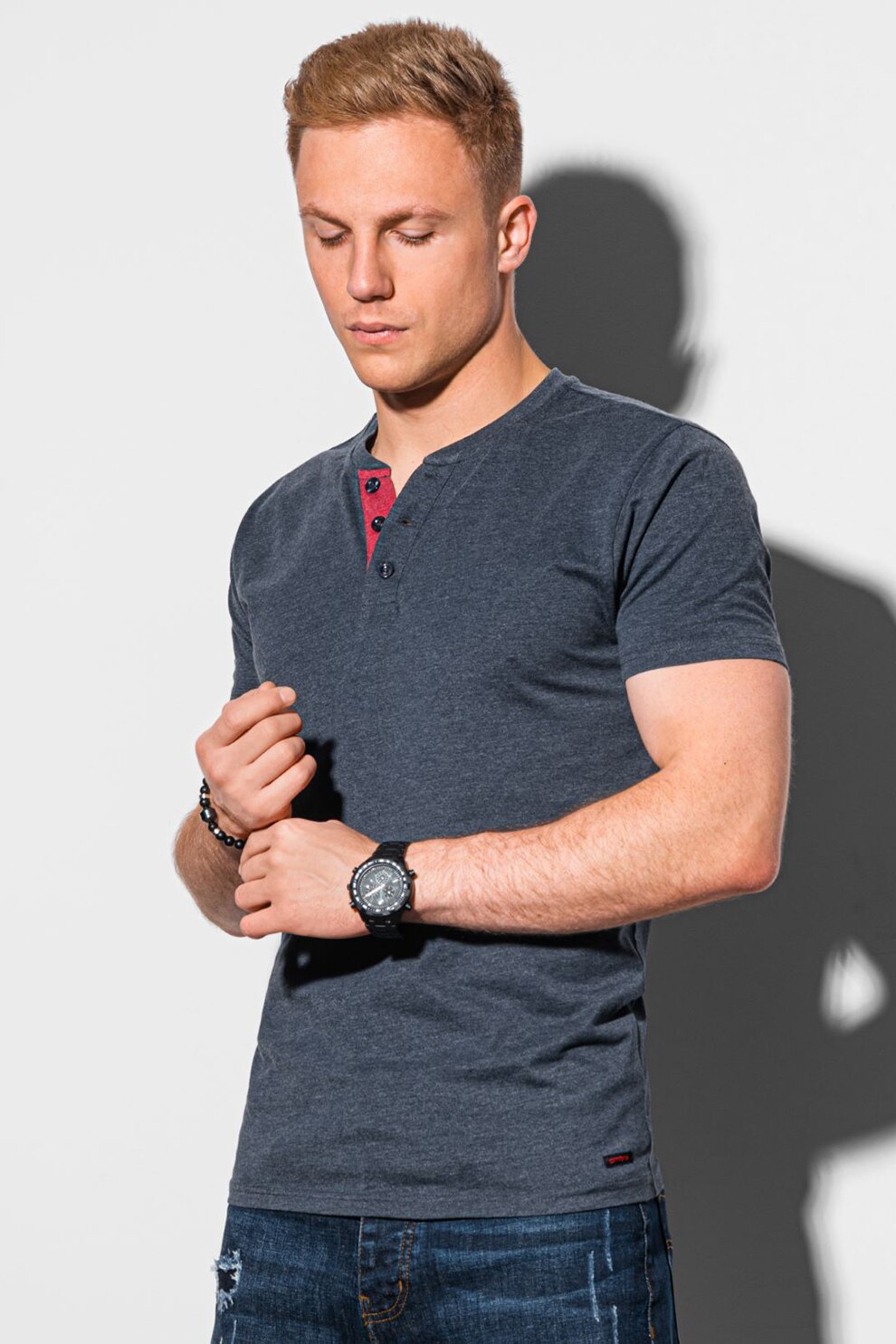 OMBRE, Tricou cu fenta cu nasturi, Albastru inchis